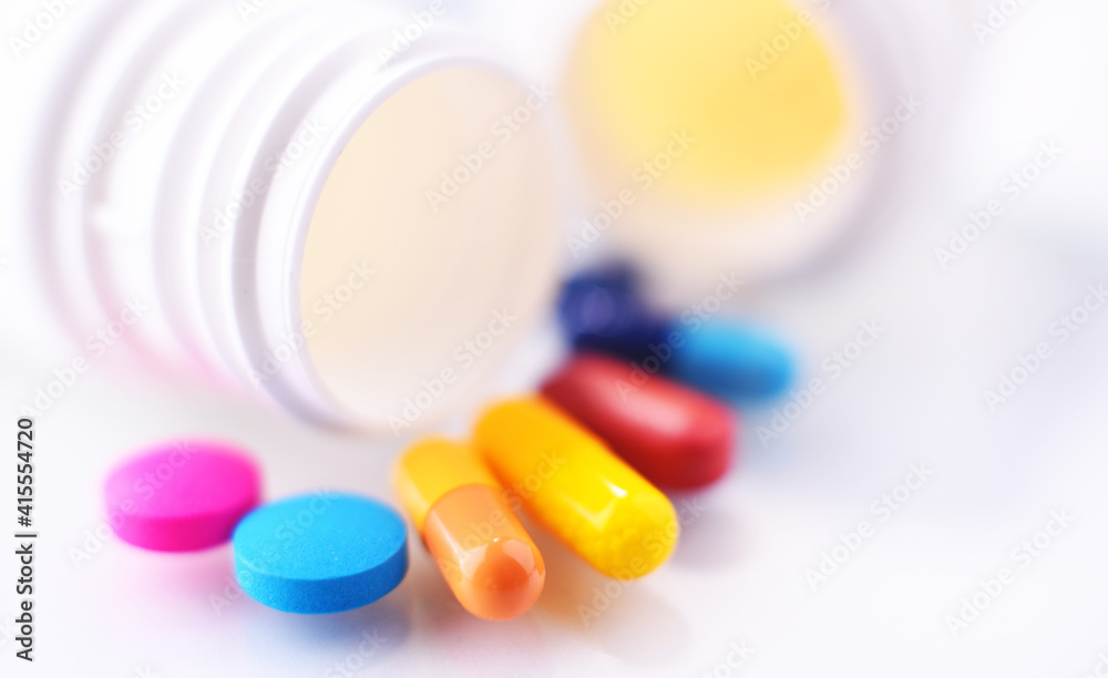 Composition with variety of drug pills and container Composition with variety of drug pills and container