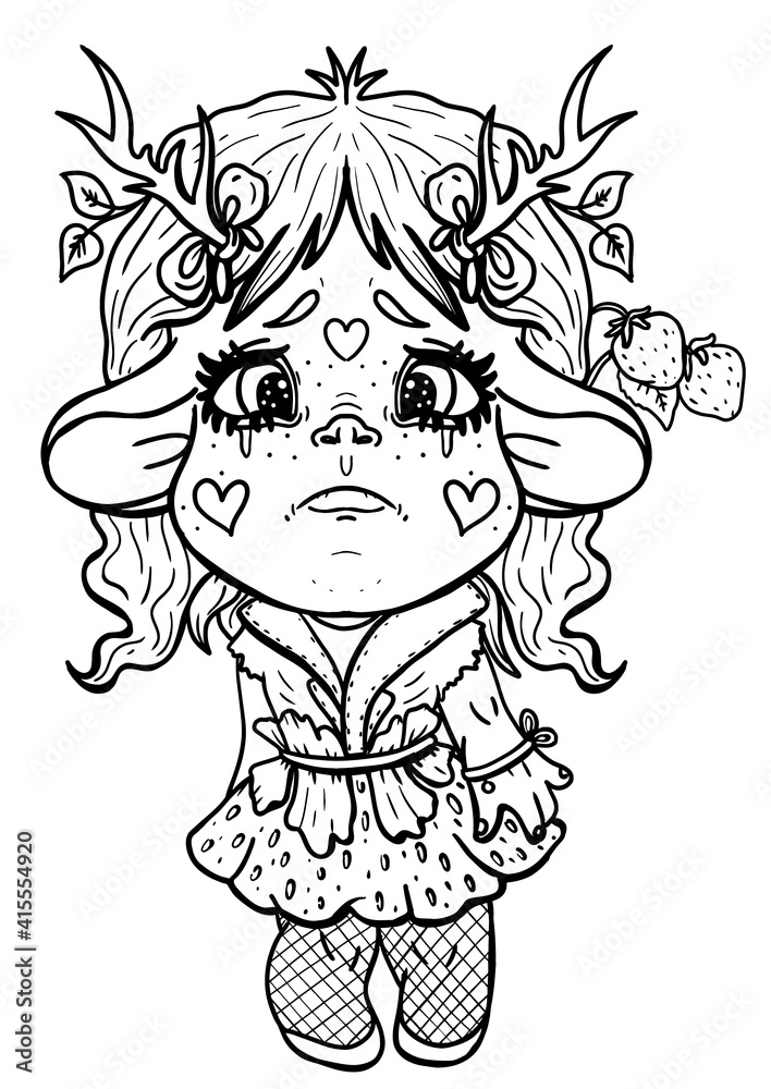 Fototapeta premium Cartoon little troll with horns and round ears, sad girl with big tear-stained eyes and cheeks-hearts, isolated character in full growth with bow-knots and berry, in vest and strawberry skirt.
