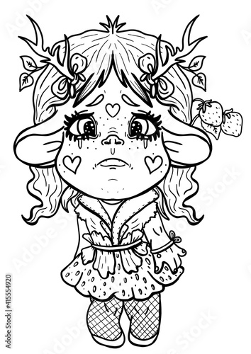 Cartoon little troll with horns and round ears, sad girl with big tear-stained eyes and cheeks-hearts, isolated character in full growth with bow-knots and berry, in vest and strawberry skirt.