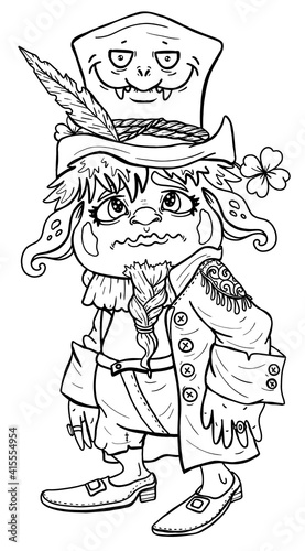Scared leprechaun in full growth with pointed ears in big a creepy hat with feather, cartoon isolated character with big eyes and braided beard, in a jacket on buttons, suede shorts and shoes.