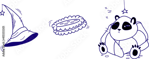 Three blue icons cookie or biscuit, witch hat and cute sleepy panda.