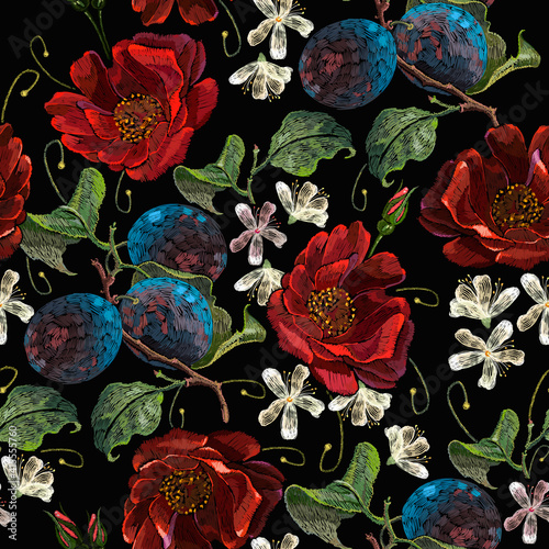 Embroidery Plums And Roses Flowers Seamless Pattern Template