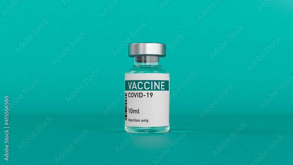 3D illustration. Visualization of the coronavirus covid-19 vaccine container with label on a green (dark green) background. Small bottle 10ml. 3D illustration. Visualization of the coronavirus covid-19 vaccine container with label on a green (dark green) background. Small bottle 10ml.