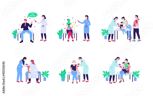 Patients receiving vaccine flat color vector faceless character set. Anti vax, no drug. Doctor visit. Health care isolated cartoon illustration for web graphic design and animation collection