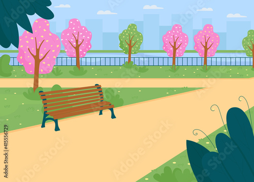 City park near river in spring flat color vector illustration. Street for walk. Blooming trees. Outdoor scenery. Pathway in public garden. Springtime 2D cartoon cityscape with skyline on background