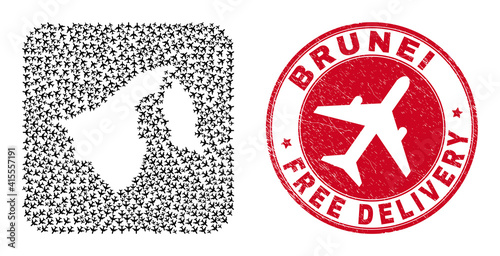 Vector collage Brunei map of air plane items and grunge Free Delivery badge. Mosaic geographic Brunei map designed as carved shape from rounded square using flying out air force symbols.