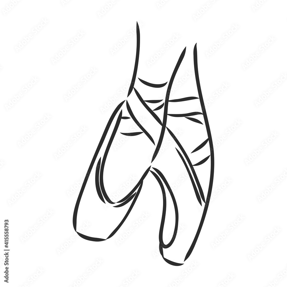 Pointe shoes. Ballet shoes. Vector hand-drawn illustration. Ballet dance studio symbol. Pointe shoes. Ballet shoes. Vector hand-drawn illustration. Ballet dance studio symbol.