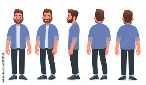 Bearded man in casual clothes. The guy is view from the front, from the side and from the back. Vector illustration