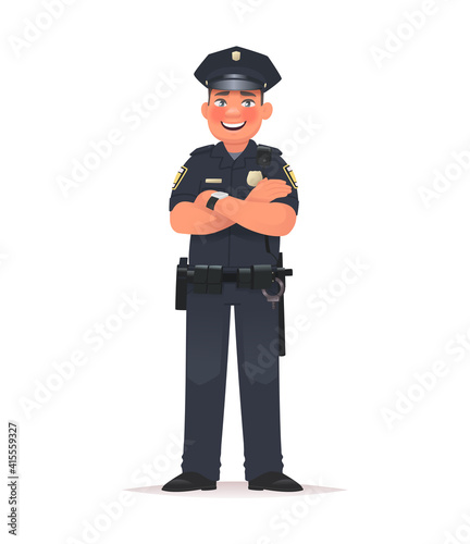 Smiling police officer dressed in uniform. Policeman on a white background. Vector illustration in cartoon style