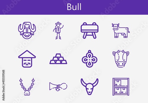 Premium set of bull line icons. Simple bull icon pack. Stroke vector illustration on a white background. Modern outline style icons collection of Horn, Buck, Pendant, Bull skull, Bison, Chinese