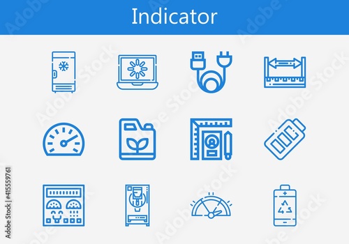 Premium set of indicator line icons. Simple indicator icon pack. Stroke vector illustration on a white background. Modern outline style icons collection of Freezer, Loading, Gasoline, Battery