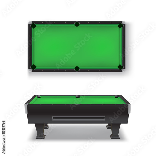 Pool table realistic set. Top, side view. Billiard, snooker equipment.