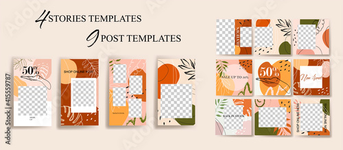  Design backgrounds for social media banner.Set of instagram stories and post frame templates.Vector cover. Mockup for personal blog or shop.Layout for promotion.Endless square puzzle.