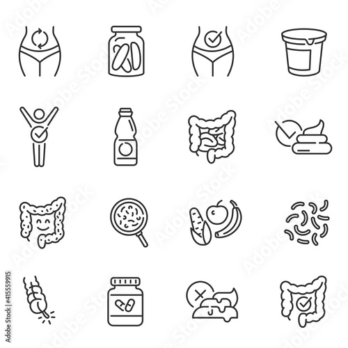 Probiotics, dietary supplements thin line icons set isolated on white. Prebiotics, healthy digestion. photo