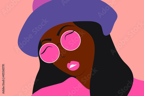 Abstract face portrait of a girl with 
tanned skin in hat and sunglasses. Colors of pink, purple and coffee. Flat and minimal illustration. Weird expression, smiling eyes. 