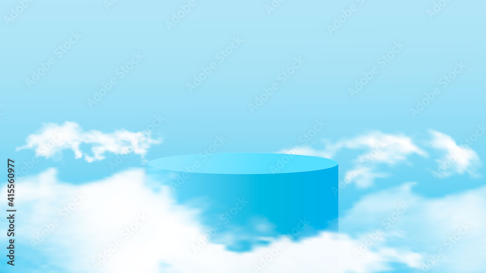 Background vector 3d blue rendering with podium and minimal cloudy ...