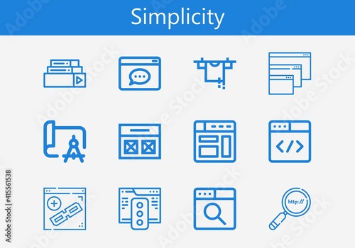 Premium set of simplicity line icons. Simple simplicity icon pack. Stroke vector illustration on a white background. Modern outline style icons collection of Drawing, Search engine, Clothes hanger