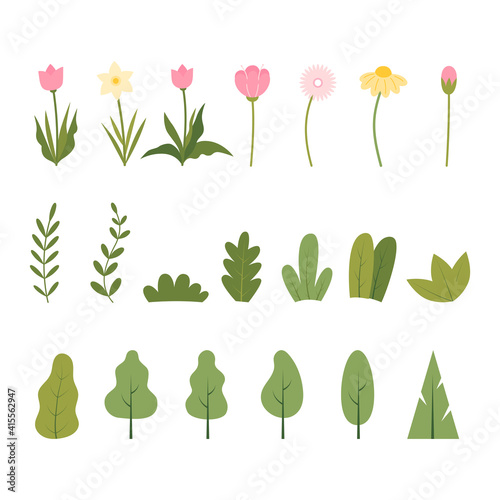 Set of spring flowers, leaves, and trees flat vector illustration.