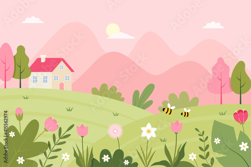 Spring Landscape with a cute house  bees  and flowers. Flat vector Illustration.
