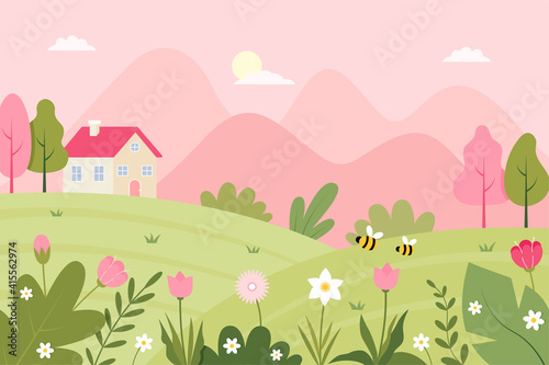 Spring Landscape with a cute house, bees, and flowers. Flat vector Illustration.