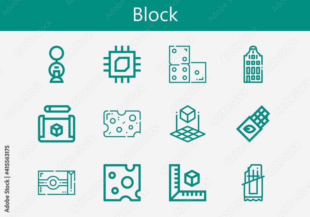 Premium set of block line icons. Simple block icon pack. Stroke vector illustration on a white background. Modern outline style icons collection of Building, Chocolate bar, Domino, 3d cube
