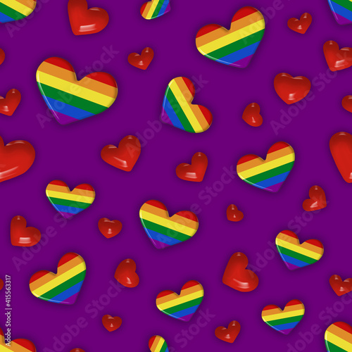 Seamless square background of rainbow hearts on a purple background. Symbol of LGBT people, freedom of the sexes, equality, love. Background concept