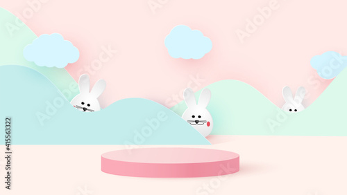 Round podium or pedestal on the minimum stage platform. Mockup studio for product presentation, branding design. Easter bunnies.Vector