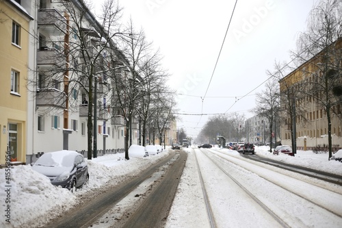 snow covered street in the city