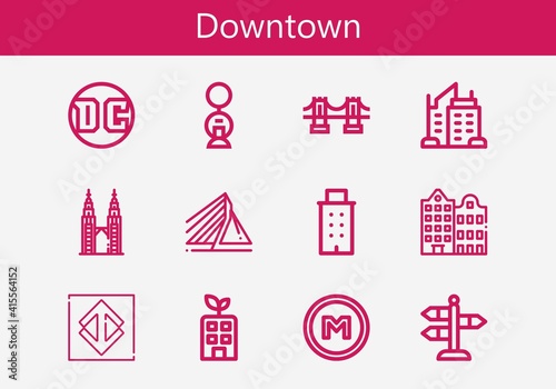 Premium set of downtown line icons. Simple downtown icon pack. Stroke vector illustration on a white background. Modern outline style icons collection of Building, Sao paulo, Rotterdam