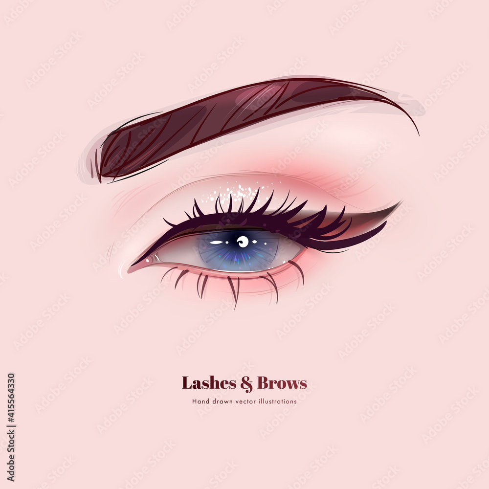 Hand drawn beautiful female eye with long black eyelashes and brows ...