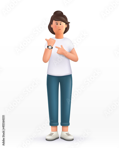 3D cartoon character. Young woman in hurry pointing to watch time,shows on the clock, impatience, upset and angry for deadline delay. Hurry up. Deadline. 3d vector illustration.