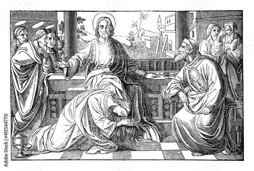 Mary of Bethany, the sinful woman is kissing and washing feet of Jesus in House of Simon. Vintage antique drawing. Bible, New Testament, Luke 7.