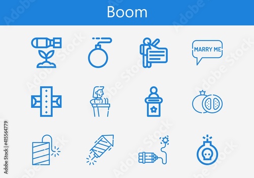 Premium set of boom line icons. Simple boom icon pack. Stroke vector illustration on a white background. Modern outline style icons collection of Speech bubble, Dynamite, Speech, Grenade, Bomb