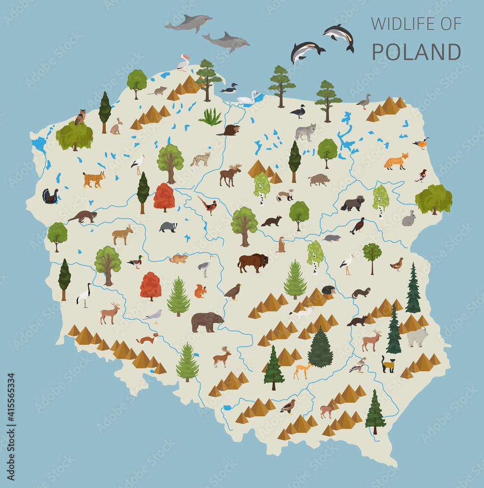 Fototapeta premium Flat design of Poland wildlife. Animals, birds and plants constructor elements isolated on white set. Build your own geography infographics collection.