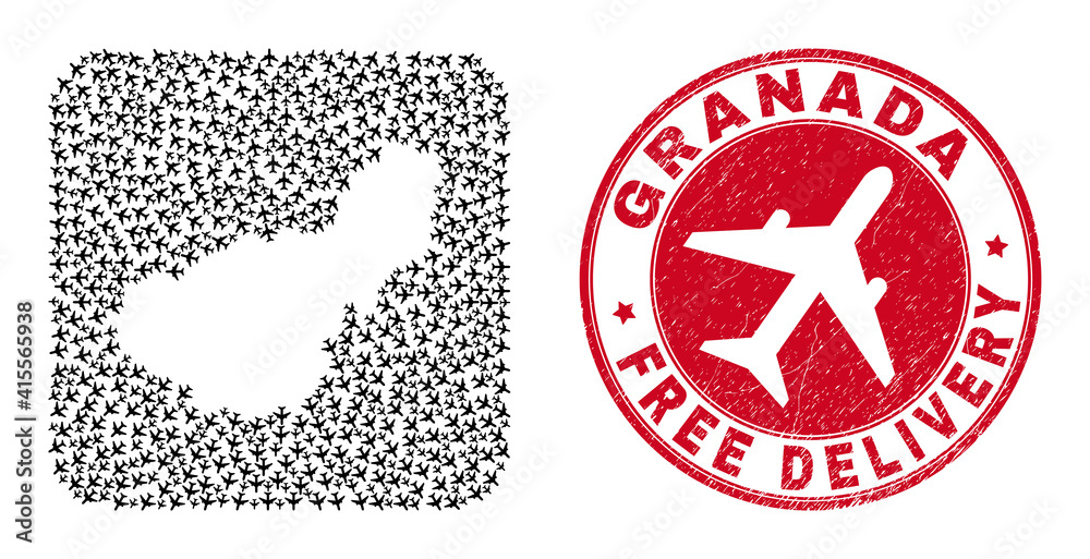 Vector mosaic Granada Province map of aeroplane elements and grunge Free Delivery badge. Vector mosaic Granada Province map of aeroplane elements and grunge Free Delivery badge.
