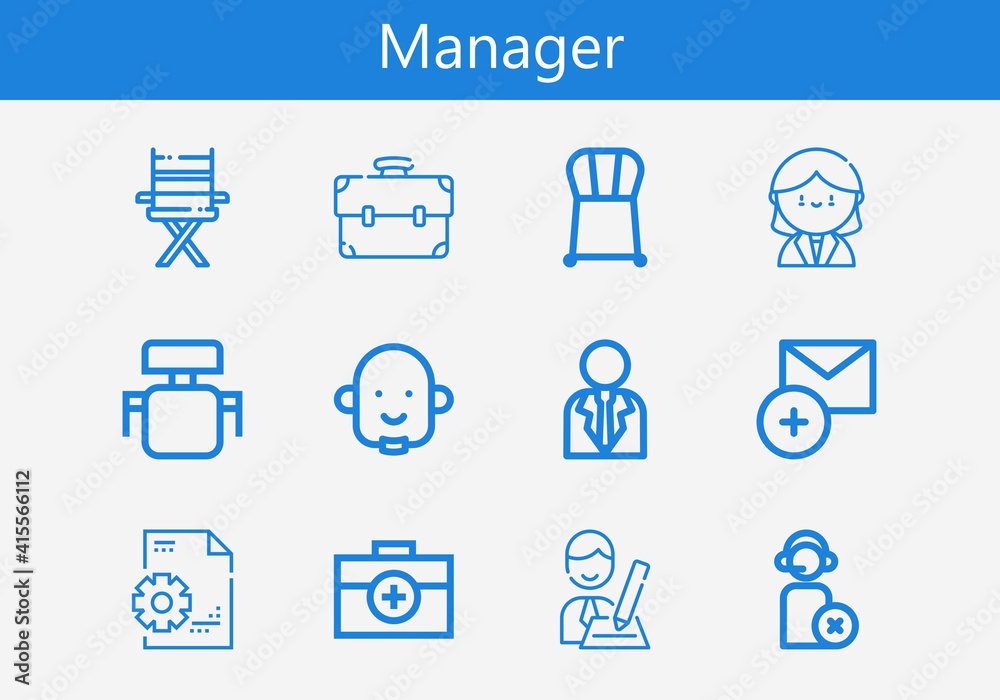 Premium set of manager line icons. Simple manager icon pack. Stroke vector illustration on a white background. Modern outline style icons collection of Operator, Receptionist, Add, Briefcase Premium set of manager line icons. Simple manager icon pack. Stroke vector illustration on a white background. Modern outline style icons collection of Operator, Receptionist, Add, Briefcase