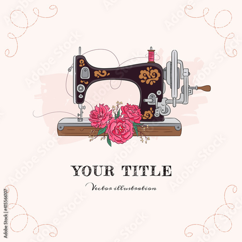 Hand drawn illustration of sewing machine and flowers