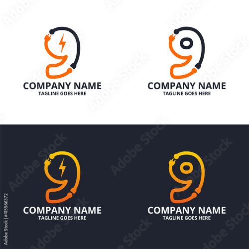 Set Electric 9 initial number  Logo Icon Template. Illustration vector graphic. Design concept Electrical plug  With number symbol. Perfect for corporate, more technology brand identity