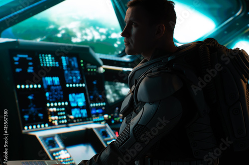 Portrait of Caucasian male astronaut inside spaceship cockpit. Sci-fi space exploration concept