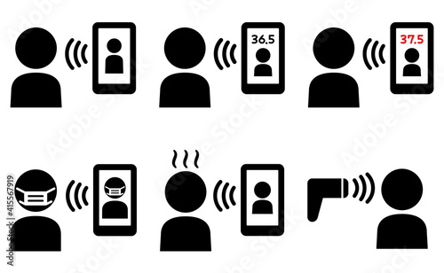 非接触検温器で体温測定をする人物アイコン　ピクトグラム　スマホ　平熱　発熱 temperature measurement non-contact icon