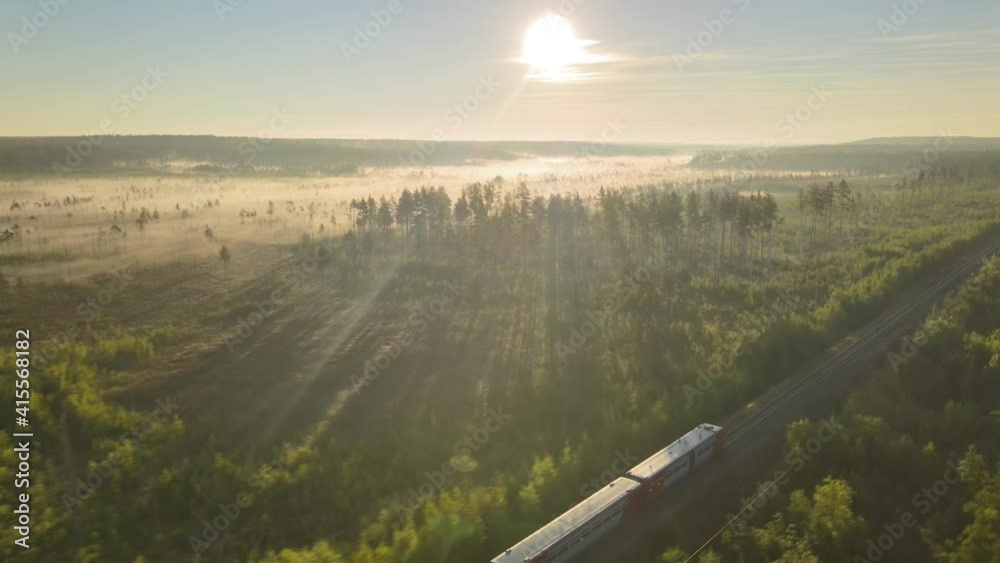 Early Morning Passenger Rail Bus Travelling Through  Foggy Sunrise Meadows