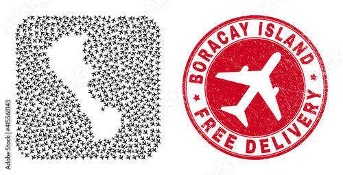 Vector mosaic Boracay Island map of airliner items and grunge Free Delivery seal. Mosaic geographic Boracay Island map designed as carved shape from rounded square shape using flying out aeroplanes.