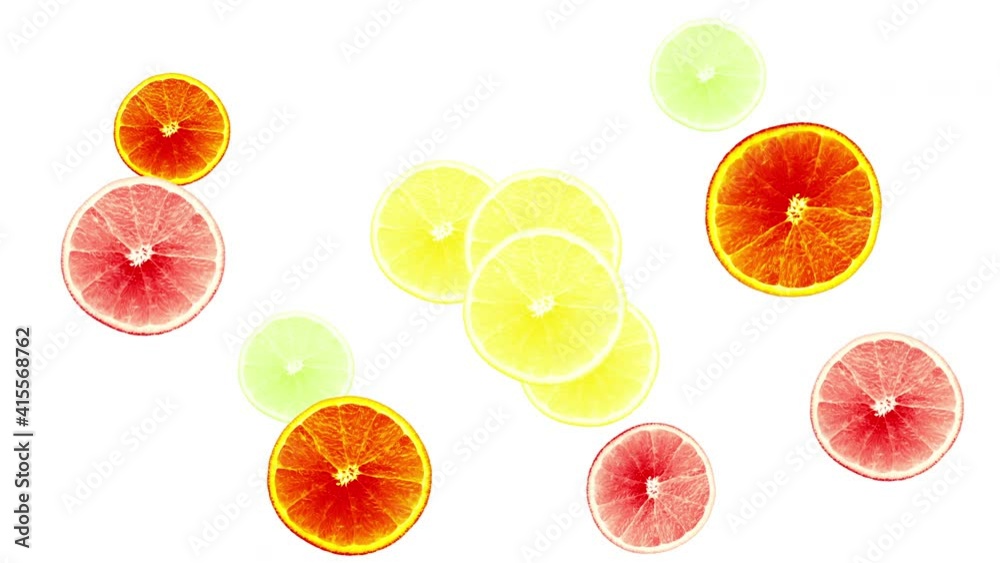 Orange fruit colourful lemon, lime, orange fruit slice animation. 2D element motion design. Seamless loop. Green lime fruit citrus cut. Alpha channel.