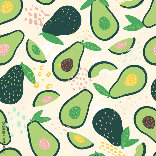 Doodle avocado and abstract elements. Vector seamless pattern. Hand drawn illustrations.