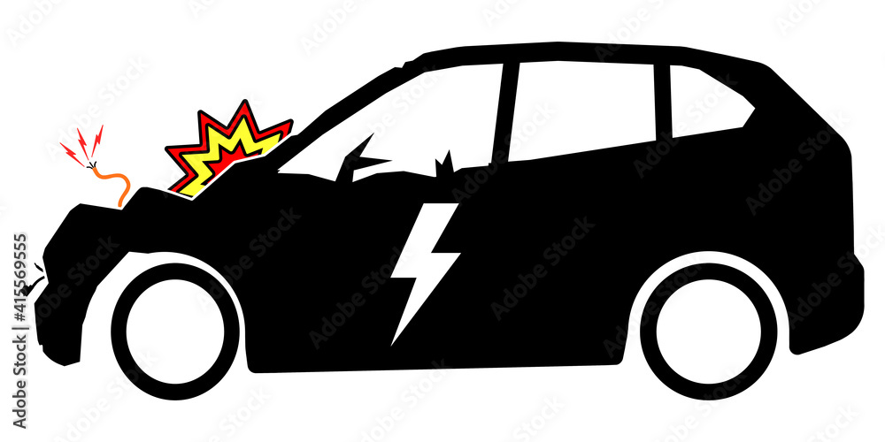 ngi1118 NewGraphicIcon ngi - german: Kaputtes Elektroauto nach Unfall -  Hochvolt Lithium Ionen Batterie . english: EV car battery pack . front of  electric car damaged and broken by accident . g10299 Stock Illustration |  Adobe Stock