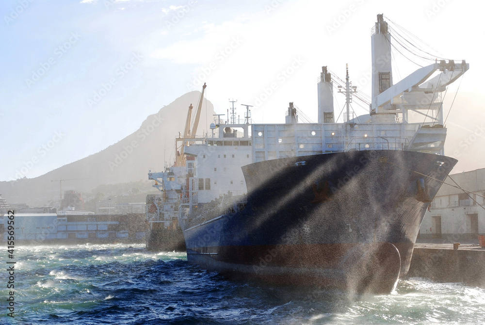 Obraz premium Cargo ships docked in Cape Town harbour, Lions Head mountain in the background