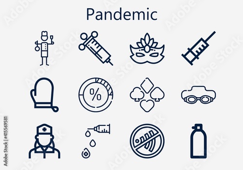 Premium set of pandemic [S] icons. Simple pandemic icon pack. Stroke vector illustration on a white background. Modern outline style icons collection of Oxygen, Gloves, Goggle, Staff, Syringe photo