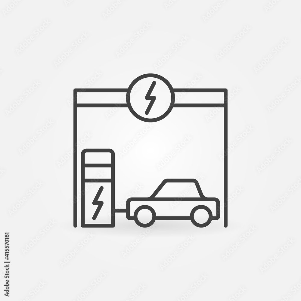 Charging Electric Car vector concept icon or symbol in thin line style Charging Electric Car vector concept icon or symbol in thin line style