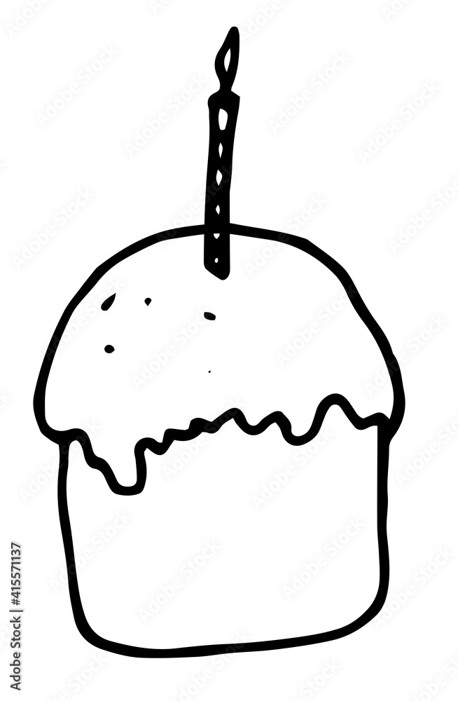 Vector isolated illustration of Easter symbol, cake with burning candle, hand-drawn in doodle style, black line on white background for design template Vector isolated illustration of Easter symbol, cake with burning candle, hand-drawn in doodle style, black line on white background for design template