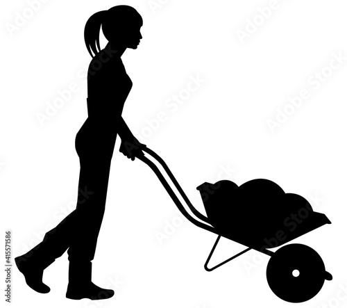 A woman gardener or farmer silhouette drives a garden wheelbarrow filled with soil for planting in the garden